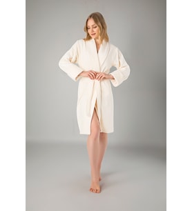 Pudra Eteği Jakarlı Bambo Cotton Bayan Bornoz (Krem)