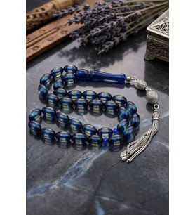 Surmeli Sıkma Kehribar Taşlı Arpa Kesim Tesbih 925 Ayar Gümüş Püsküllü 12*8 mm 902777