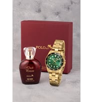 Polo Air Mercek Takvimli Kadın Kol Saati Ve 55 ml Parfüm Bordo Kutsunda Set Gold Yeşil Siyah Renk ST-2188S7