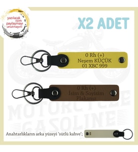 Motorsiklet  Tutkunlarına, İsim Plaka ve 0 Rh (+) Kan Grubu Yazılı x2 Anahtarlık Set, Kahve-Sarı-SK (Çok Renkli)