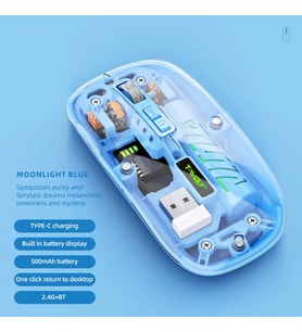Şeffaf Mouse Kablosuz Mouse Fare Şarjlı Bluetooth Wireless Çift Modlu Sessiz 5 Tuşlu DPI Kontrol (Mavi)