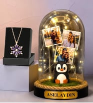 Kişiye Özel Fotoğraflı Penguen Biblo Led Işıklı Fanus ve Ametist Lotus Kolye Seti