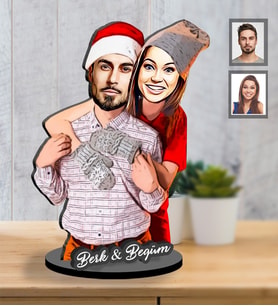Kişiye Özel Yılbaşı Sevgili Karikatürlü İki Katmanlı Ahşap Biblo Model-8-Eco
