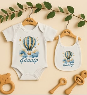 Pia Baby Premium %100 Pamuk İsme Özel Organik Baskılı Çıtçıtlı Bebek Body Ve Önlük 5058-20 (Ekru)