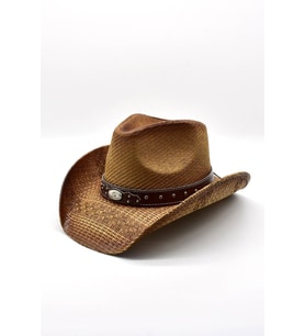 Deri Şeritli Zımbalı Hasır Şapka Premium Classic Western Festival Beach Rave Hat (Taba)