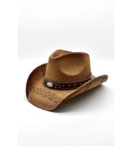 Deri Şeritli Zımbalı Hasır Şapka Premium Classic Western Festival Beach Rave Hat (Taba)