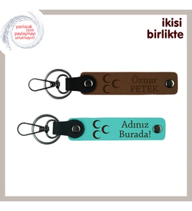 Doğum Gününe Özel, Üç Hilal Desenli Kişisel İsimli 2’li Anahtarlık, Açık Kahve-Turkuaz