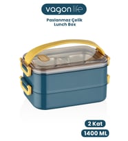 1400 ML Bento Lunch Box Ofis-Okul İçin 2 Kat Taşıma Kulplu Çelik