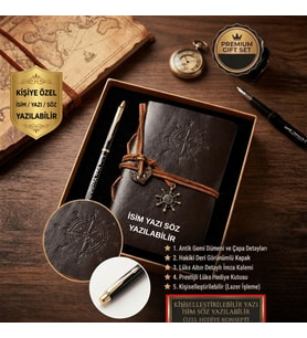 Premium Antik Görünümlü Deri Defter ve Lüks Kalem Hediye Kutusu