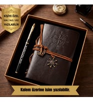 Premium Antik Görünümlü Deri Defter ve Lüks Kalem Hediye Kutusu İsim Yazılabilir
