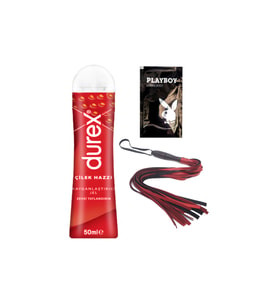Durex Çilek Hazzı 50 ml Jel + Kırmızı Püsküllü Deri Kırbaç + Hediye