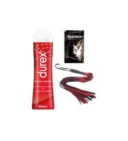 Durex Çilek Hazzı 50 ml Jel + Kırmızı Püsküllü Deri Kırbaç + Hediye