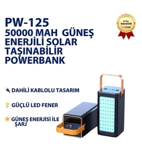 50000 mAh Solar Powerbank Güneş Enerjili Dahili Kablolu LED Fenerli Taşınabilir Şarj Cihazı