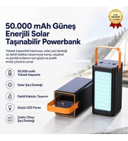 50000 mAh Solar Powerbank Güneş Enerjili Dahili Kablolu LED Fenerli Taşınabilir Şarj Cihazı