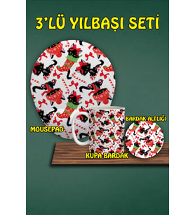 Yılbaşı Temalı 3'lü Bilek Destekli Mousepad Kupa Ve Bardak Altlığı Seti