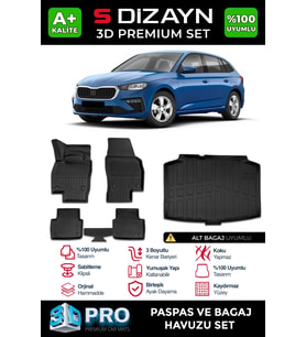Skoda Scala 3D Pro Havuzlu Paspas ve Bagaj Havuzu Seti (2'li SET) 2019 Üzeri A+ Kalite