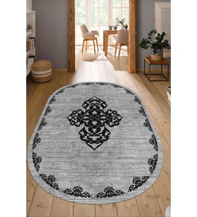 Dijital Baskılı Kaymaz Taban Yıkanabilir Oval Salon Halısı Mutfak Halısı Yolluk NDO-SD-1086 (Gri)