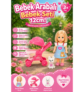 Bebek Arabalı ve Köpekli Oyuncak Bebek Seti 12 cm (3+ Yaş)