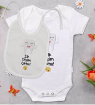 BK Kids İlk Dişim Çıktı Tasarımlı Bebek Body Zıbın ve Mama Önlüğü Hediye Seti - Model 1