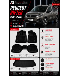 PEUGEOT RİFTER 2019-2026 Araca Özel 3D Paspas + 3D Bagaj Havuzu