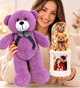 Kişiye Özel Fotoğraflı LED Fanuslu Ayıcık Buketi Büyük Mor Peluş Ayıcık Doğum Günü Hediyesi 30 cm 4