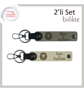 Aslan Desenli, Erkek Kardeşe Özel Hediye, 2’li Kişisel Deri Anahtarlık, Kül Gri-Sütlü Kahve