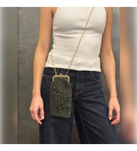 Zincir Askılı Mini Örgü Çanta, Gold kapamalı mini çanta, Gold simli Siyah Mini Örgü Çanta
