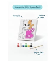 Kupa İçinde Sevimli Kedi Çocuk Boyama Tuvali – Şövalesiz Boyama Seti 20x20 cm