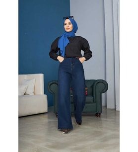 1123-Denim Bağcıklı Bol Paça Pantolon Lacivert