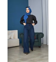 1123-Denim Bağcıklı Bol Paça Pantolon Lacivert