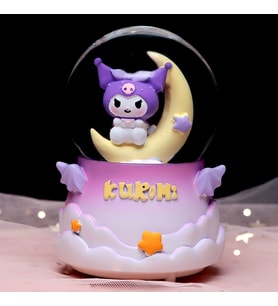 Ay Üzerinde Kuromi Tasarım Orta Boy Işıklı Müzikli Kar Küresi (Pembe)
