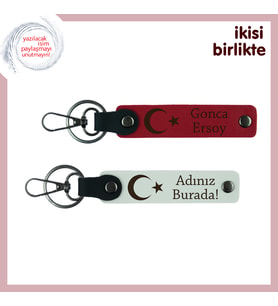 Kişiye Özel İsim Yazılan Ay Yıldız Motifli 2’li Hediyelik Deri Anahtarlık Takımı, Kırmızı-Beyaz