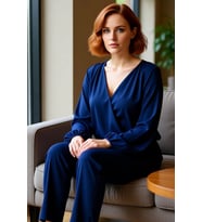 Kadın Lacivert Kruvaze Yaka Balon Kol Detaylı Düz Desenli Smart Bluz İlkbahar Sonbahar Kullanımı