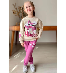 Kız Çocuk Stitch Karakter ve Angel Yazı Baskılı Pembe Eşofman Takım