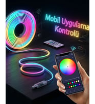 Akıllı RGB LED Neon Şerit Işık 3M USB Bağlantılı Uzaktan Kumanda ve Mobil Uygulama Kontrolü
