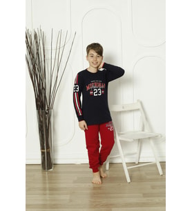 Yeni Sezon Erkek Çocuk Gez Garson Uzun Kollu Pamuk Penye Pijama Takımı 5084 (Lacivert)
