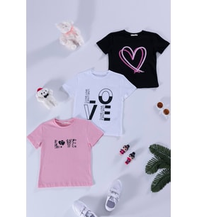 3'lü Love Baskılı Siyah Pembe Beyaz Tshirt