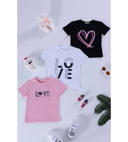 3'lü Love Baskılı Siyah Pembe Beyaz Tshirt
