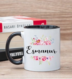 Kişiye Özel Çiçek Çerçeveli İsimli Siyah Kupa Bardak