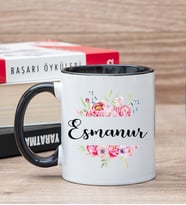 Kişiye Özel Çiçek Çerçeveli İsimli Siyah Kupa Bardak