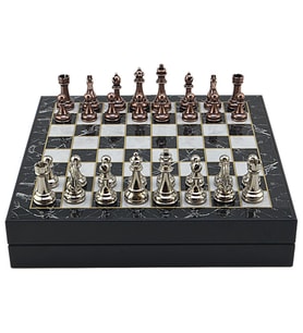GiftHome Büyük Boy Metal Klasik Satranç Tk. Antik ve Mermer Desenli Sandıklı MDF Tahtası(36X36 cm.)