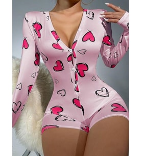 Mulvxbrf Brf02 Pamuklu Pembe Kalp Desenli Düğmeli Uzun Kol Tulum Pijama (Mulvix)