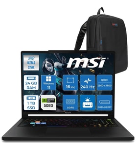 MSI Msı Raider 16 Hx B2WI-021TR Intel Ultra 9 275HX Aı 24GB Ddr5 1tb SSD 16GB/RTX5080 175W 16" QHD+(2560X1600), 240Hz IPS %100 Dcı-P3 WINDOWS11PRO Gaming Laptop MSW021TRP03+ZETTAÇANTA