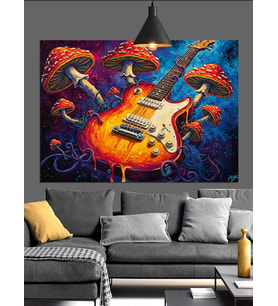 Neon Gitar ve Mantar Dekoratif Kanvas - Mdf Ahşap Tablo