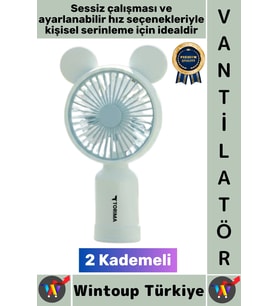 #Vantilatör Sessiz Yoğun Üfleme Sevimli Ayıcık Kulaklı 2 Kademeli Şarjlı Mini Masa Üstü Vantilatör