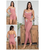 Kadın Pembe Renkli Dantel Detaylı Şortlu Ve Taytlı Pijama Takımı 3'lü Set 75012