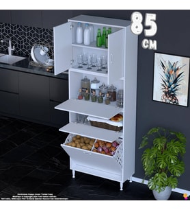 Eliusta Mona 85 cm Tam Kapaklı 2 Göz Sepetli Çok Amaçlı Mutfak Banyo Kirli Çamaşır Dolabı Oyuncak Dolabı