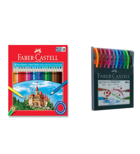Faber Castell 24 Renk Kuru Boya ve 1425 Renkli Tükenmez Kalem 10'lu İkisi Birarada Set