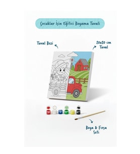 Çiftlik ve Kamyon Temalı Çocuk Boyama Tuvali – Şövalesiz Eğitici Boyama Seti 20x20 cm