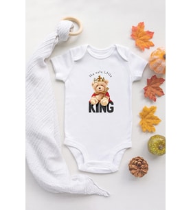 Organik %100 Pamuk Uzun Kollu Beyaz King Bear Kral Ayıcık Bebek Body Bebek Badi Çıtçıtlı Zıbın